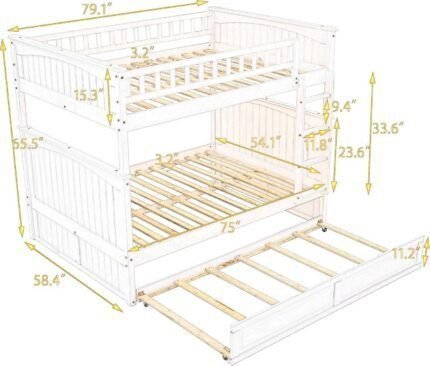 Bunk Bed Full Over Full Size with Twin Trundle, Wood 3 Bunkbeds with Safety Guardrails