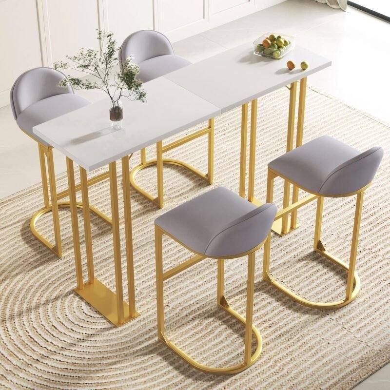 5-Piece Gold Bar Set with 4 Velvet Cushioned Stools-Modern Counter High Top, Space-Saving Breakfast Table