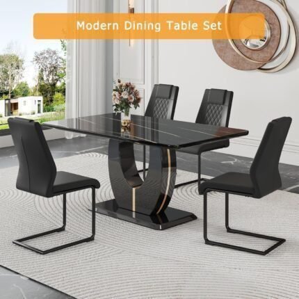 Table and Chairs Set of 4 with Mareble Table Black Rectangular Kitchen Table Set