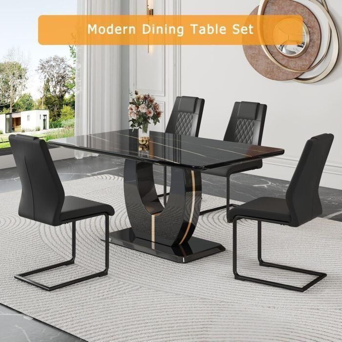 Table and Chairs Set of 4 with Mareble Table Black Rectangular Kitchen Table Set