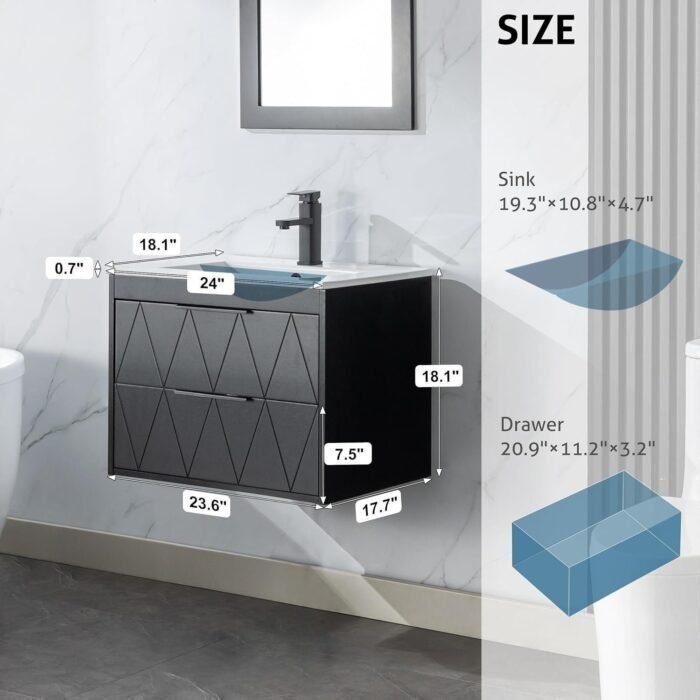 24" Bathroom Vanities Cabinet with Sink Combo, Wall Mounted Floating Cabinet W/Decor Line