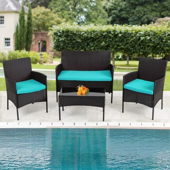 4 Pieces Conversation Set Modular Outdoor Furniture Set Water Resistant Patio Wicker Furniture Set with 3 Rattan Chairs