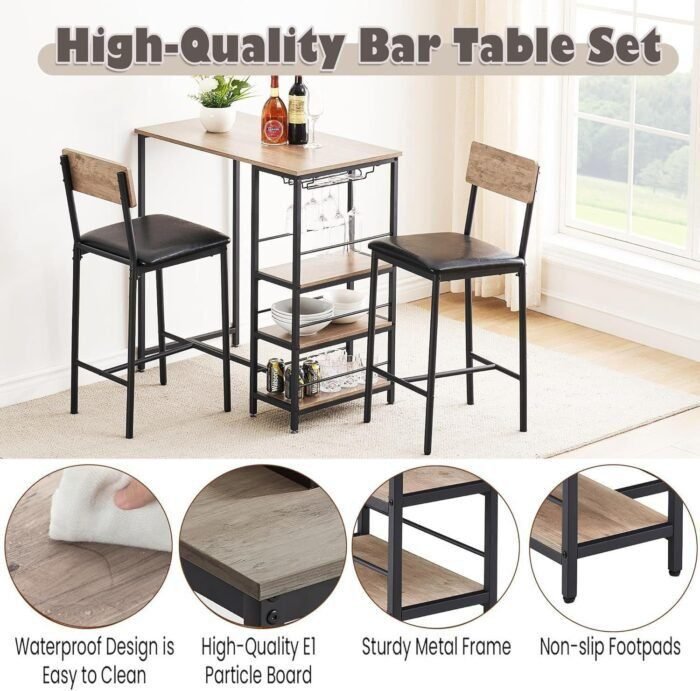 3-Piece Bar Table Set for 2 with 3 Storage Shelves & Glass Holder, Kitchen Bar Height Table and Chairs