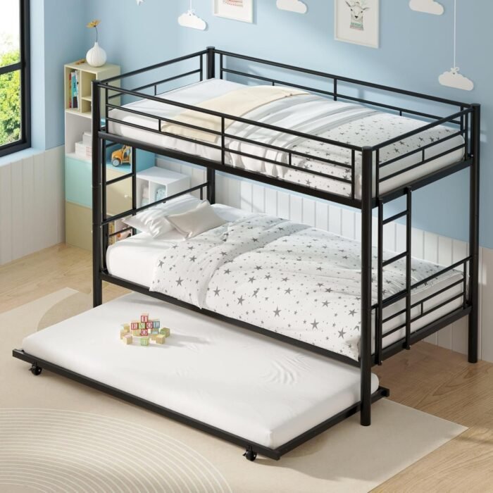 Twin Over Twin Bunk Bed with Trundle, Metal Bunkbeds with Ladder and Full-Length Guardrail