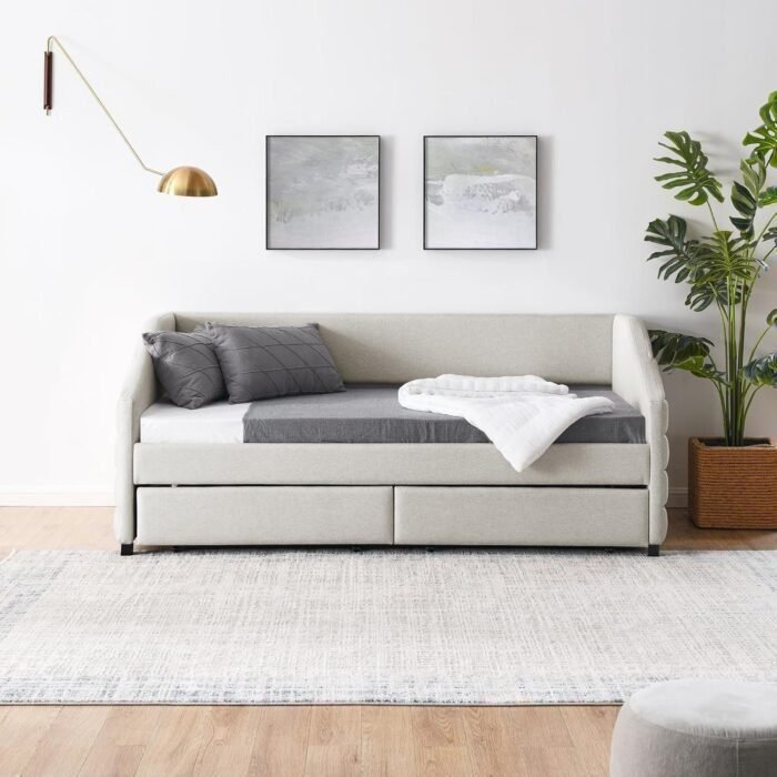 Twin Size Upholstered Daybed with Two Storage Drawers, Linen Sofa Bed with Channel Tufted Arms