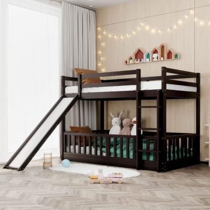 Over Twin Floor Bunk Bed with Slide and Ladder, Low Bunk Bed for Kids, Bunk Bed with Slide