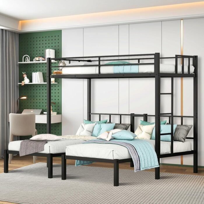 Metal Triple Bunk Bed for 3 Kids,Twin Over Twin Over Twin Bunk Beds with Built-in Shelf