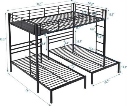 Triple Bunk Bed Full Over Twin&Twin Size, L-Shaped 3 in 1 Metal Bunkbed