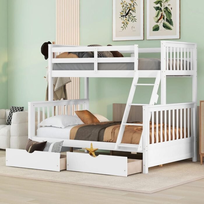 Twin Over Full Bunk Bed with Two Storage Drawers and Rails, Convertible to 2 Separated Platform Beds