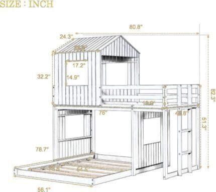 Loft Bed with Playhouse, Wooden Twin Over Full Bunk Bed with Ladder