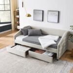 Twin Size Upholstered Daybed with Two Storage Drawers, Linen Sofa Bed with Channel Tufted Arms