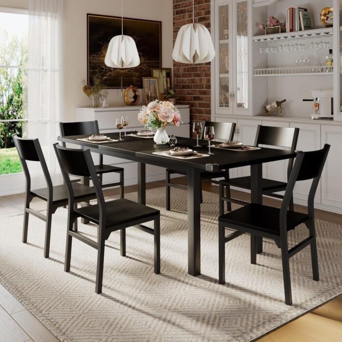 7-Piece Dining Table & Chairs Set for 4-6, 63" Extendable Kitchen Table with 6 Chairs