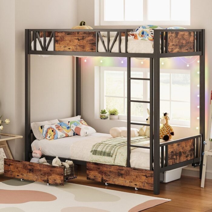 Bunk Bed with Power Outlet and Drawers, Metal Twin Bed Frames with Ladder and LED Lighted, Space-Saving