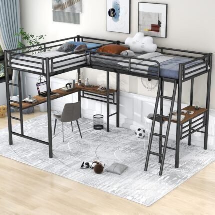 Double Twin Size Loft Beds, Metal L-Shaped Loft Bed Frame with Two Desk Underneath for 2 Kids Boys Girls Teens