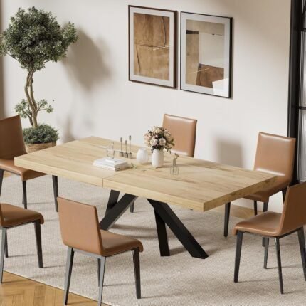 Extendable Dining Room Table for 6 8 10, Modern Rustic Kitchen Expanding Table, Wooden Long Large Dining Table