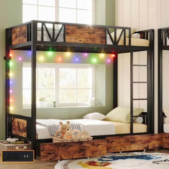 Bunk Bed with Power Outlet and Drawers, Metal Twin Bed Frames with Ladder and LED Lighted, Space-Saving