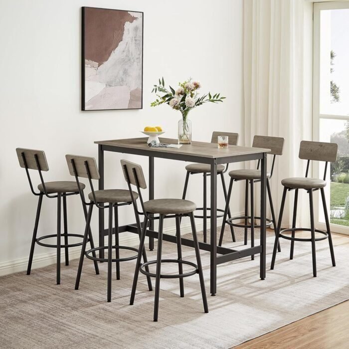 Long Bar Table Set with 6 PU Leather Bar Stools, Dining Table and Chair Sets