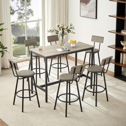 Long Bar Table Set with 6 PU Leather Bar Stools, Dining Table and Chair Sets