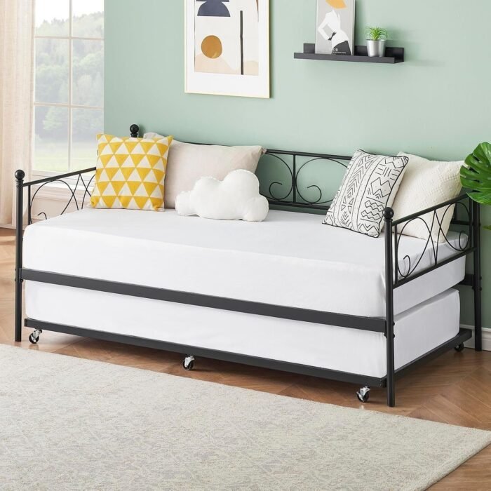 Metal Daybed Frame with Trundle Heavy Duty Metal Slats/Mattress Foundation Platform Sofa Bed with Headboard for Bedroom