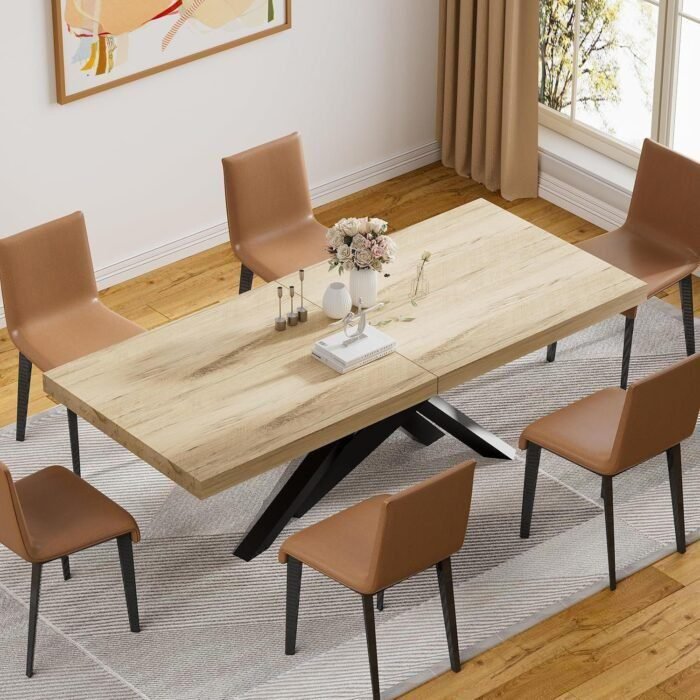 Extendable Dining Room Table for 6 8 10, Modern Rustic Kitchen Expanding Table, Wooden Long Large Dining Table