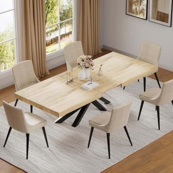 Extendable Dining Room Table for 6 8 10, Modern Rustic Kitchen Expanding Table, Wooden Long Large Dining Table