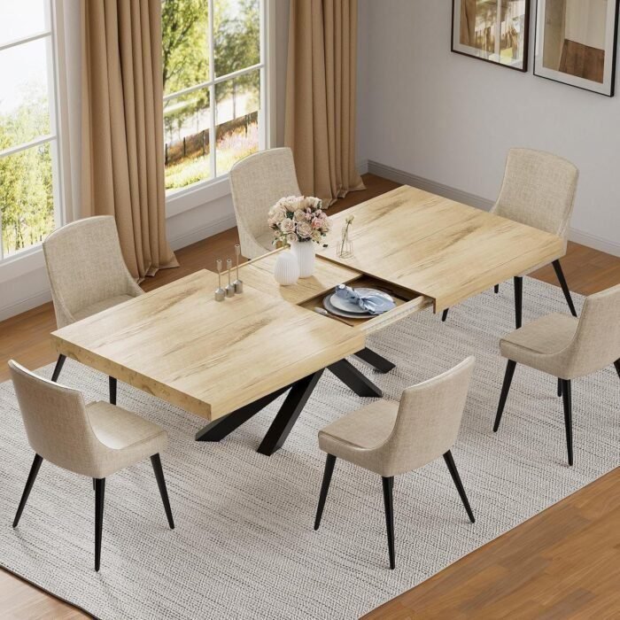 Extendable Dining Room Table for 6 8 10, Modern Rustic Kitchen Expanding Table, Wooden Long Large Dining Table