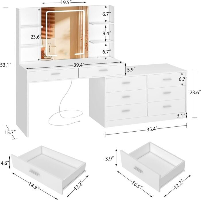 Vanity Makeup Desk with LED Light Mirror & Power Outlet, 8 Drawers, 6 Storage Shelves, 3 Color Modes & Adjustable Brightness