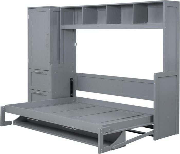 Imisemoh Full Size Murphy Bed with Closet, Two Drawers, Four Built-in Top Shelf, Can be Folded into A Large Cabinet