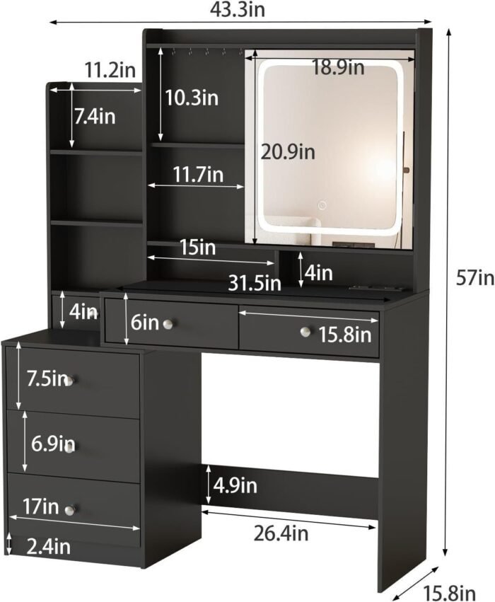 Vanity Desk with Mirror and Lights,Makeup Vanity with 6 Drawers and Shelves, Makeup Desk