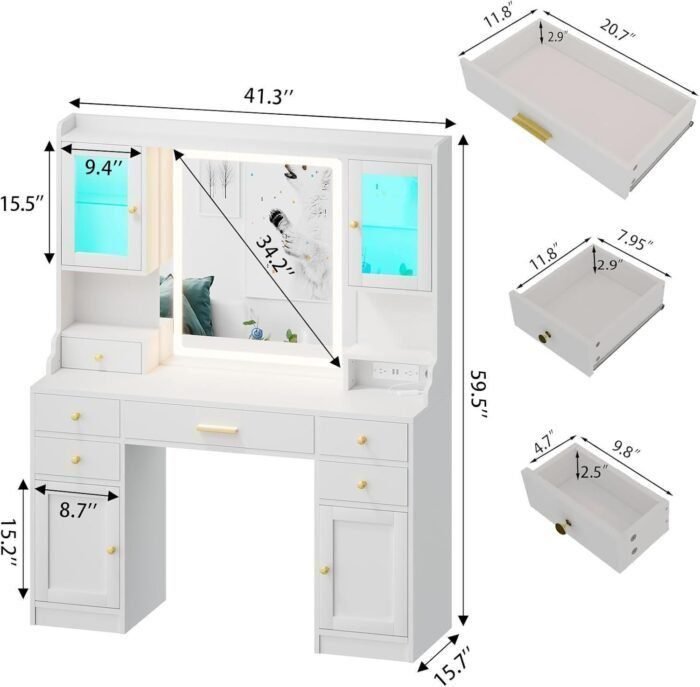 Vanity Desk with Mirror, Lights and Charging Station - Large Makeup Table Set with RGB Cabinets and 3 LED Light Modes