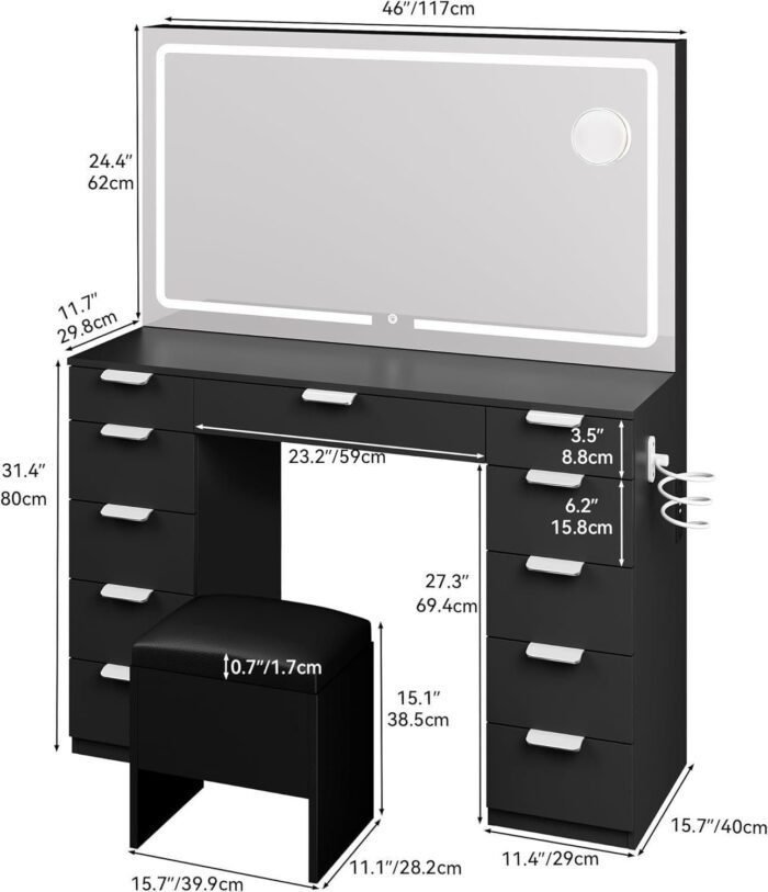 Vanity Desk Set with Large LED Lighted Mirror, Power Outlet & 11 Drawers – Makeup Vanity Table for Bedroom or Dressing Room