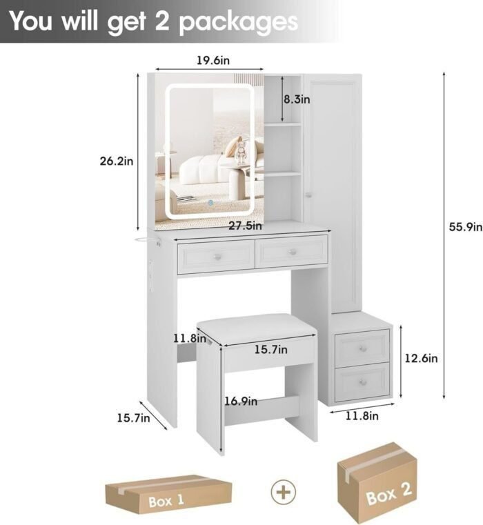 Makeup Vanity Desk with LED Lighted Sliding Mirror, Vanity Table with Jewelry Cabinet and 4 Drawers, Charging Station