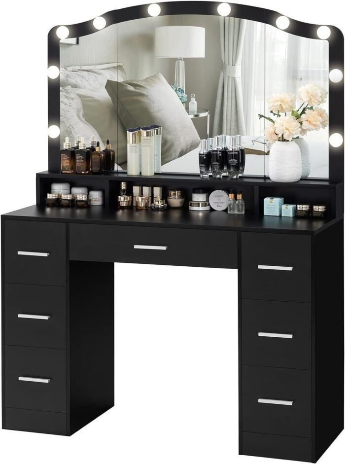 43.3" Vanity Desk with Large Lighted Mirror, Makeup Vanity Table with 7 Drawers & 10 Lights Bulbs, 3 Lighting Colors