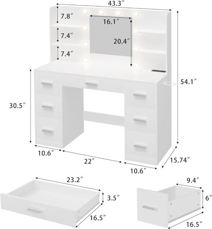 Vanity Desk with Mirror, LED Lights and Power Outlet Makeup Vanity Table with 7 Drawers and 6 Storage