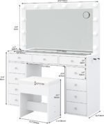 Vanity Desk & Power Outl, Makeup Vanity with Mirror and 12 LED Lights, Makeup Table with 11 Drawers