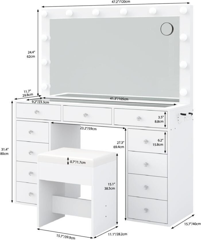 Vanity Desk & Power Outl, Makeup Vanity with Mirror and 12 LED Lights, Makeup Table with 11 Drawers