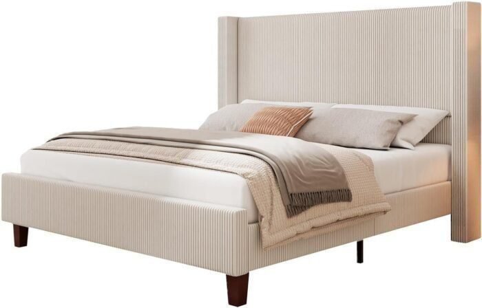 YUMPIE Queen Size Upholstered Platform Bed Frame, 50.8" Corduroy Bed Frame with Wingback Headboard Vertical Tufted