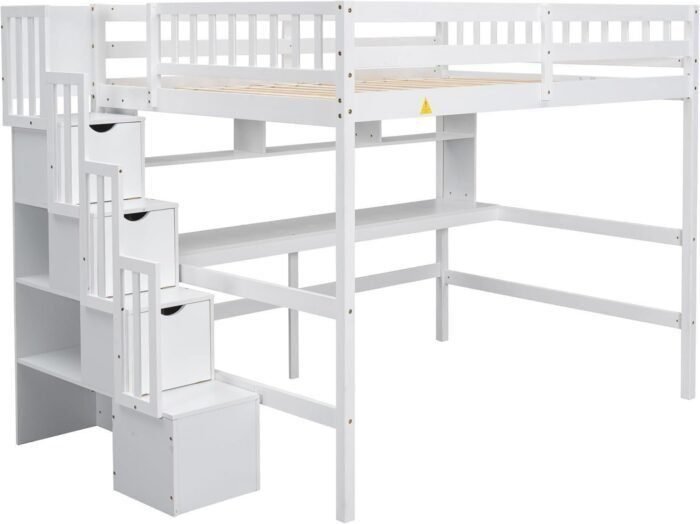 Full Size Loft Bed with Desk & Storage Stairs, Wood Loft Bed Frame with Shelves and Guardrails for Kids, High Loft Beds with Steps