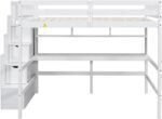 Full Size Loft Bed with Desk & Storage Stairs, Wood Loft Bed Frame with Shelves and Guardrails for Kids, High Loft Beds with Steps