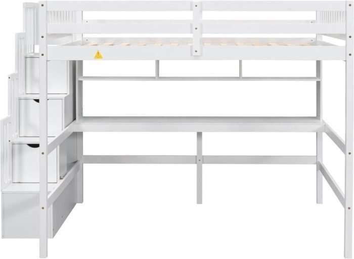 Full Size Loft Bed with Desk & Storage Stairs, Wood Loft Bed Frame with Shelves and Guardrails for Kids, High Loft Beds with Steps