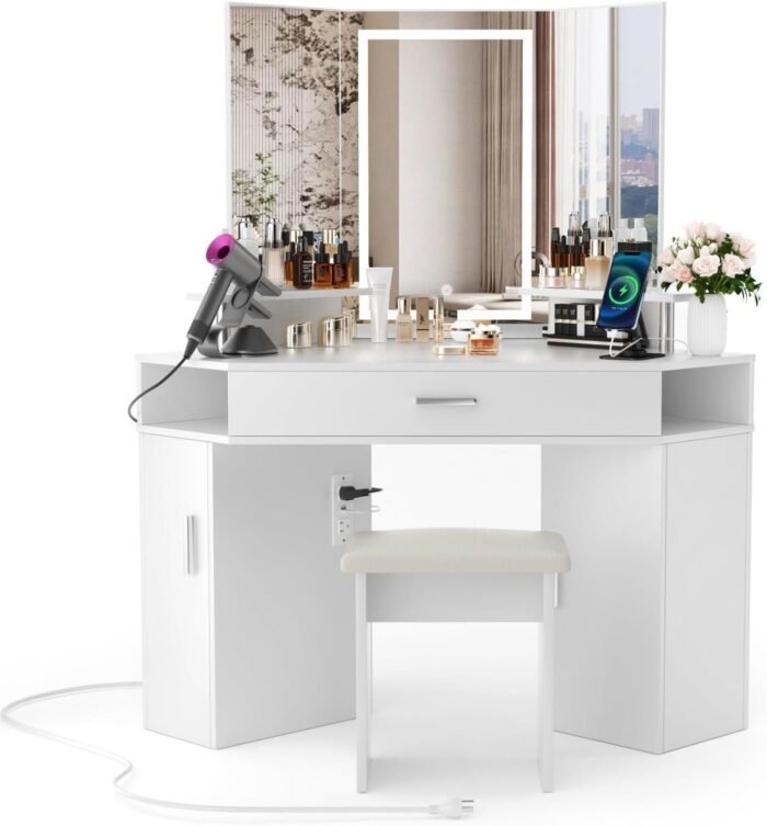 47" L Vanity with Lighted Mirror - Makeup Vanity Desk with Power Outlet and 3 Color Lighting Options, Brightness Adjustable