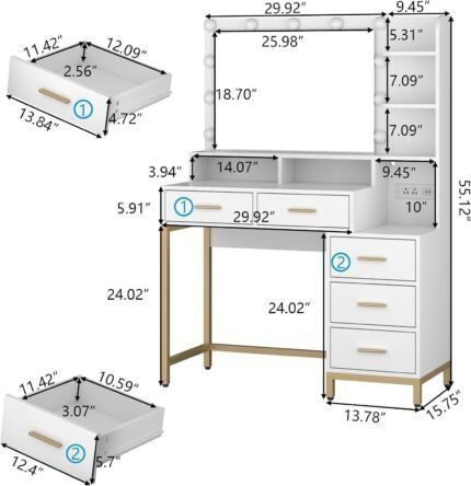 Vanity Desk with Lighted Mirror & Power Outlet, Makeup Table with 5 Drawers, Vanity Dresser with 11 Lights in 3 Lighting Colors