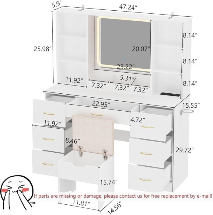 47" Large Vanity Desk with Mirror and Lights, LED White Vanity Set with Stool and Power Outlet