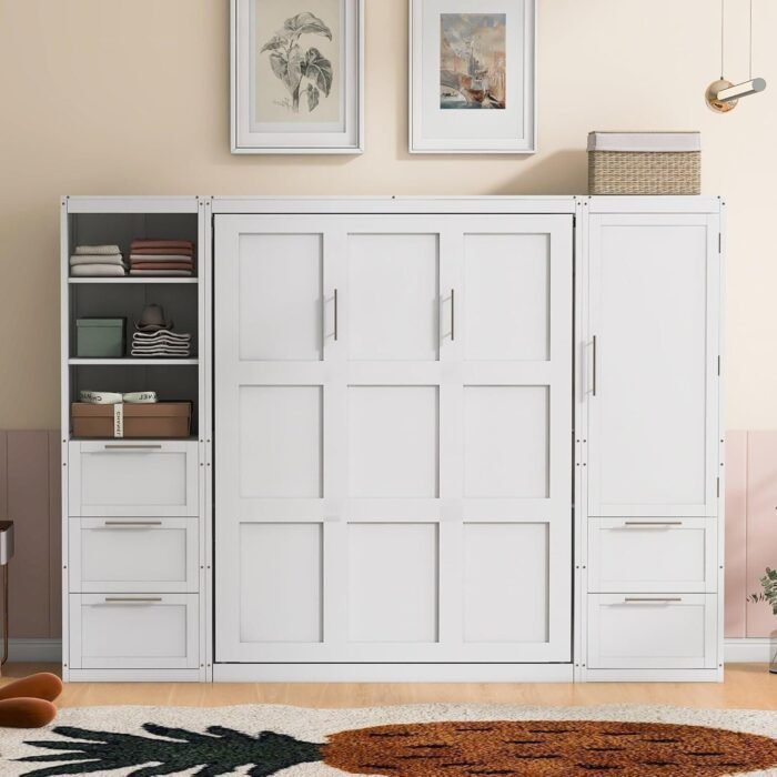 BIADNBZ Murphy Bed Queen Size Folded into Wall Cabinet, 5 Drawers and Storage Shelves