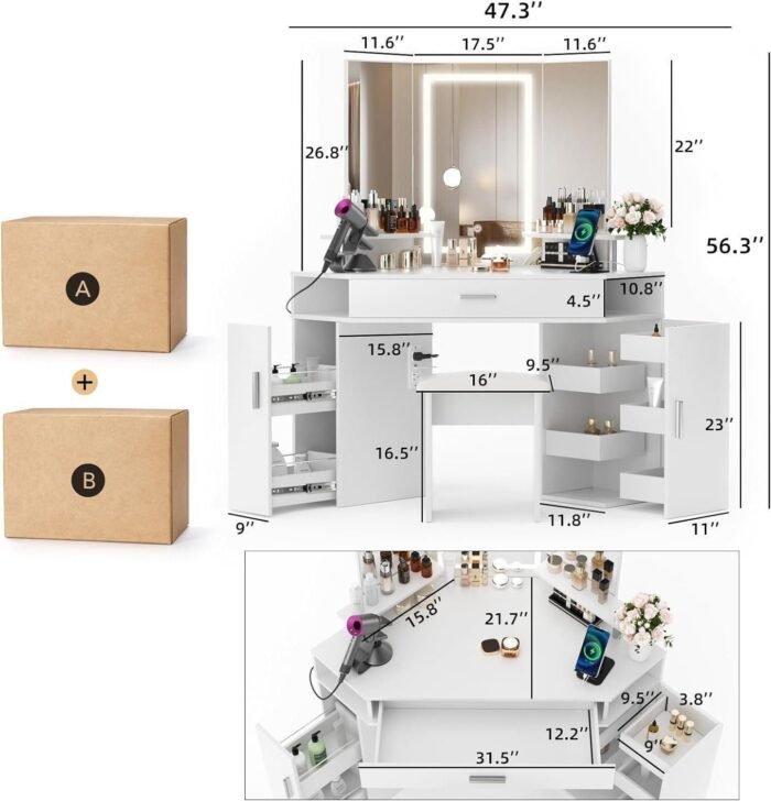 47" L Vanity with Lighted Mirror - Makeup Vanity Desk with Power Outlet and 3 Color Lighting Options, Brightness Adjustable