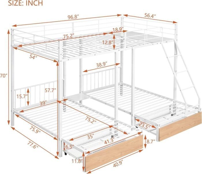 Ksportmf Full Over Twin & Twin Bunk Beds with Two Storage Drawers & Desk, Heavy Duty Metal Triple Bunk Bed