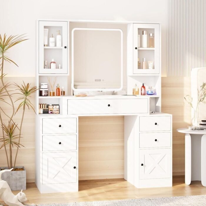 Vanity Desk with Mirror and Lights,White Makeup Vanity Table with Power Strip & LED Lighted Mirror