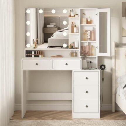 Makeup Vanity Desk with Mirror and Lights,Vanity Table with Power Strip and Lighted Mirror