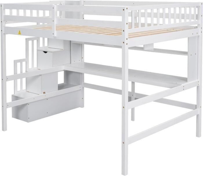 Full Size Loft Bed with Desk & Storage Stairs, Wood Loft Bed Frame with Shelves and Guardrails for Kids, High Loft Beds with Steps