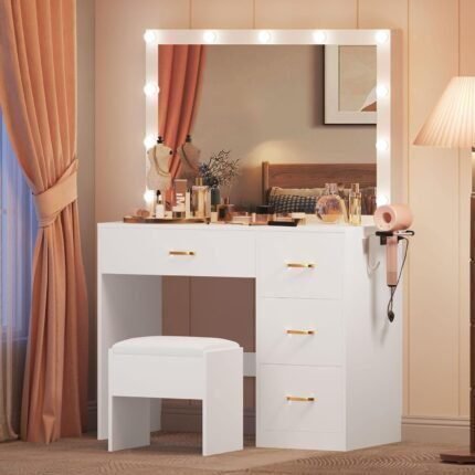 Vanity Desk Set with Large Lighted Mirror & Power Outlet, 3 Color Lighting Modes